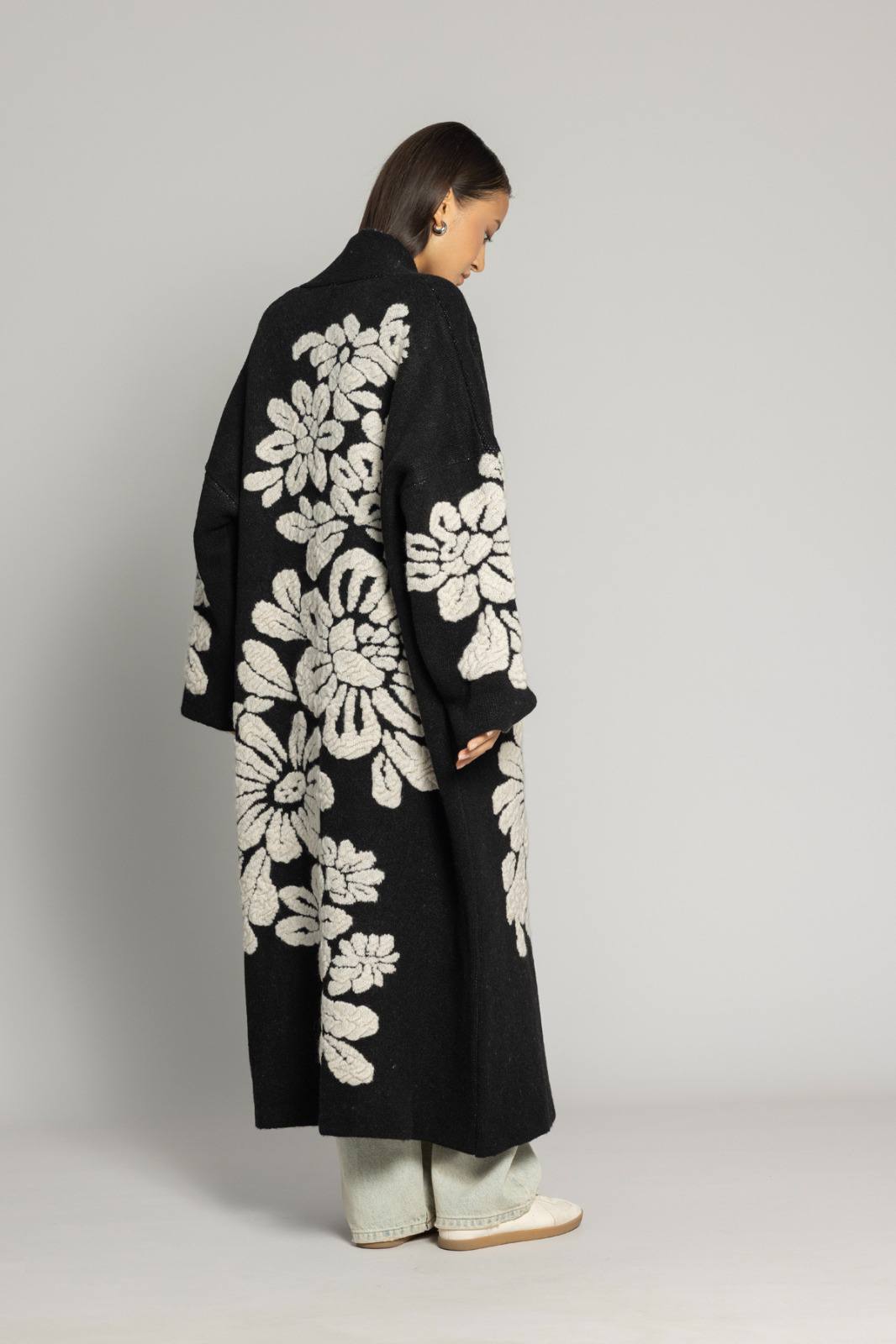 Çiçek Desenli Premium Triko Hırka - Uzun Oversize Kadın Hırka