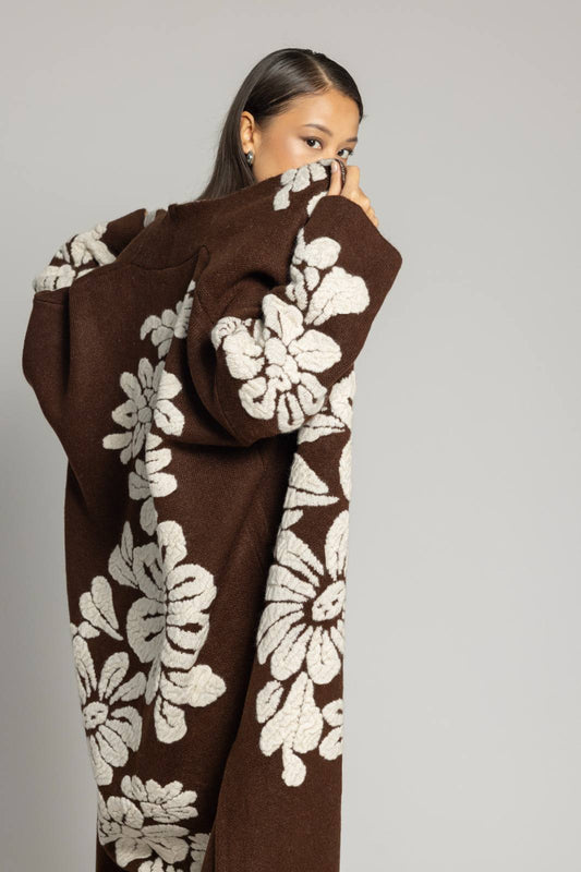 Çiçek Desenli Premium Triko Hırka - Uzun Oversize Kadın Hırka