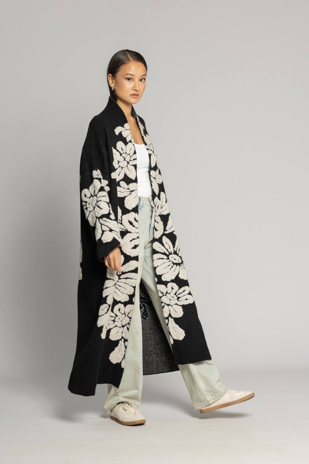 Çiçek Desenli Premium Triko Hırka - Uzun Oversize Kadın Hırka