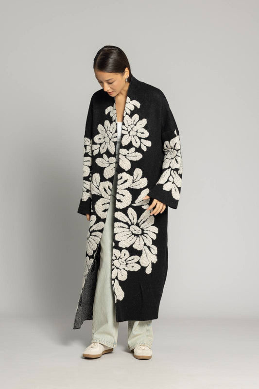 Çiçek Desenli Premium Triko Hırka - Uzun Oversize Kadın Hırka