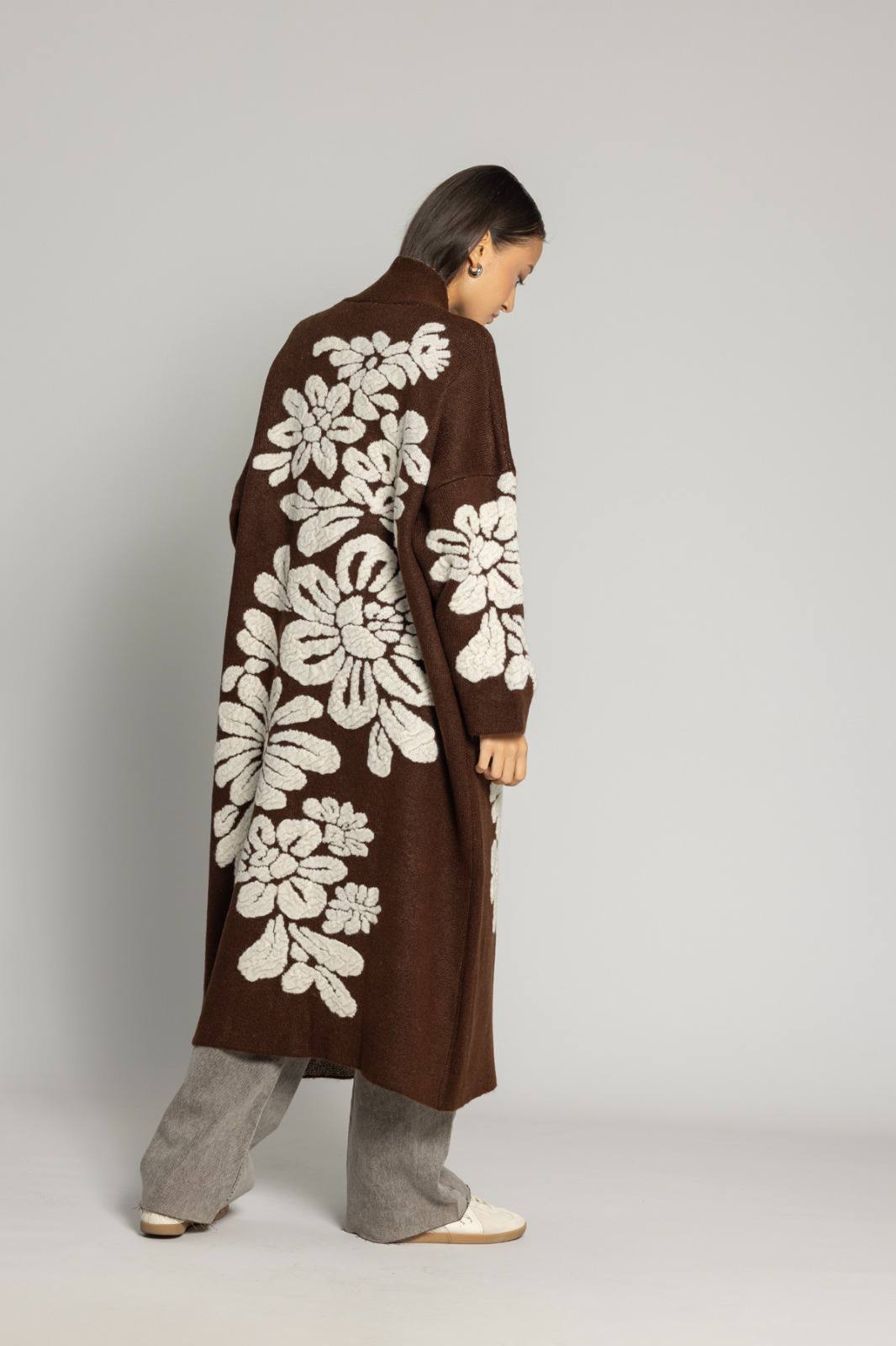 Çiçek Desenli Premium Triko Hırka - Uzun Oversize Kadın Hırka